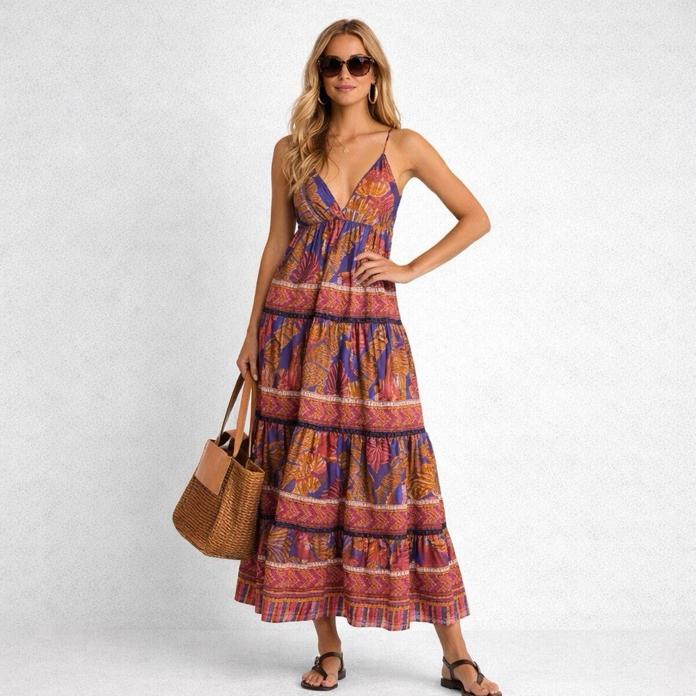 NWT Farm Rio Blue Forest Mosaic Maxi Dress Size:L Boho Tiered V Neck MSRP:$230 - Picture 2 of 12